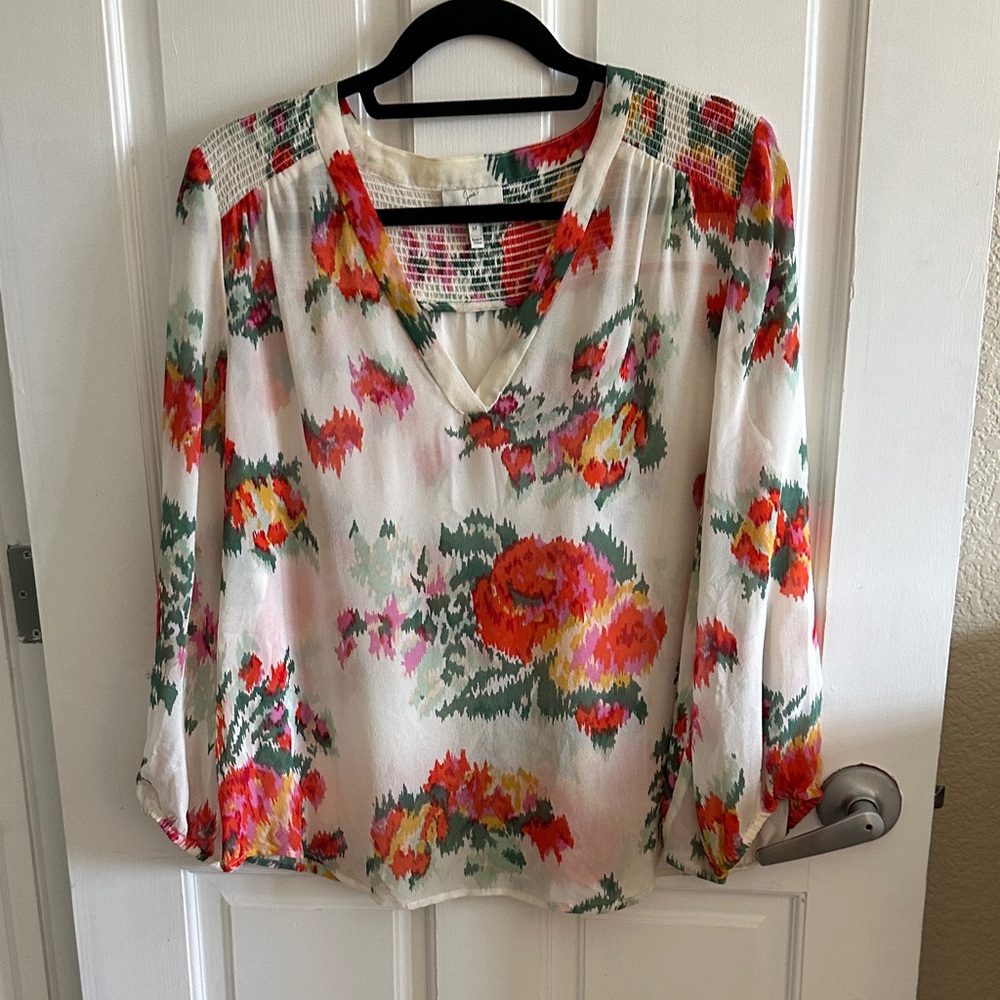 Joie Floral V-Neck Blouse - Cream and Red